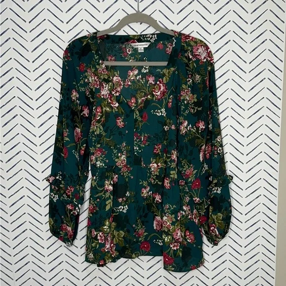 Counterparts Green Floral Boho Blouse with Ruffle Sleeves Size XL - Picture 1 of 7